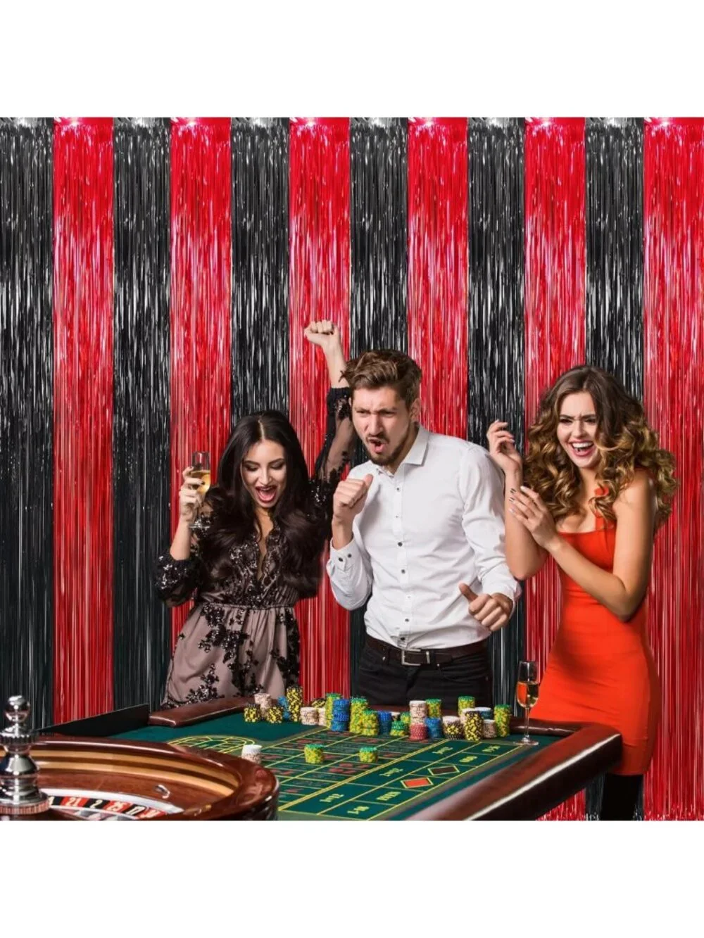 Metallic Tinsel Foil Fringe Curtains - 4 Pcs Black & Red Backdrop for Parties
